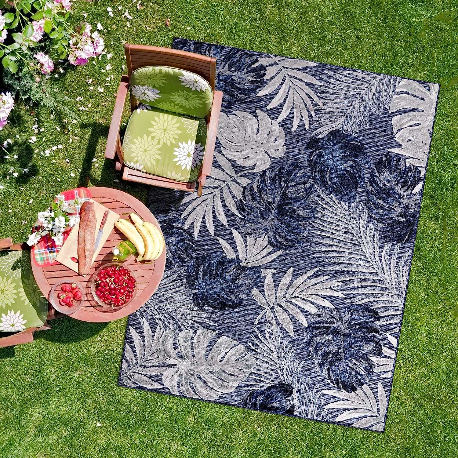 Spring Navy Leaf Tropical Botanical Non-Shedding Indoor/Outdoor Area Rugs - Ornate Home