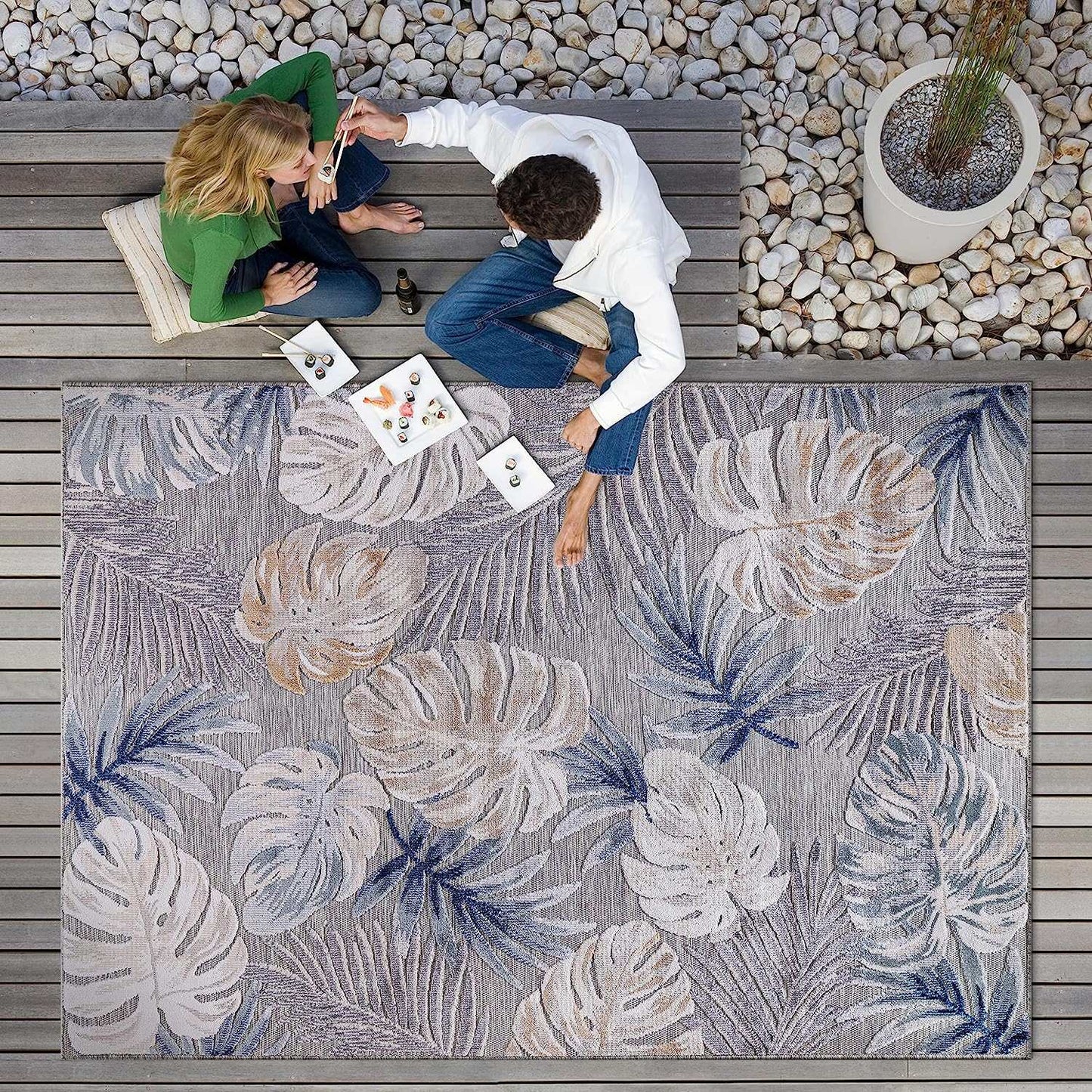 Spring Blue Leaf Tropical Botanical Non-Shedding Indoor/Outdoor Area Rugs - Ornate Home