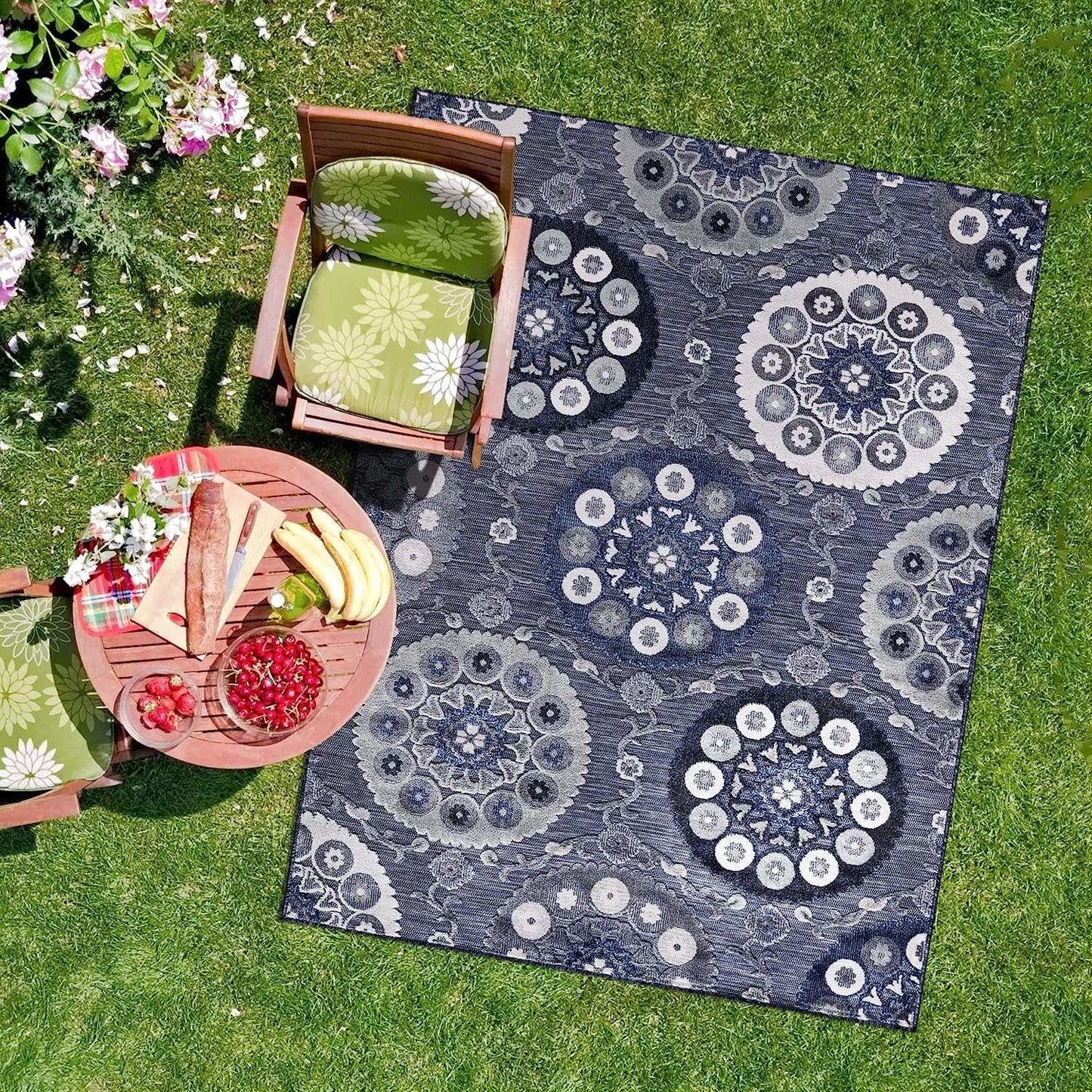 Spring Navy Color Bohemian Medallion Floral Non-Shedding Indoor/Outdoor Area Rugs - Ornate Home