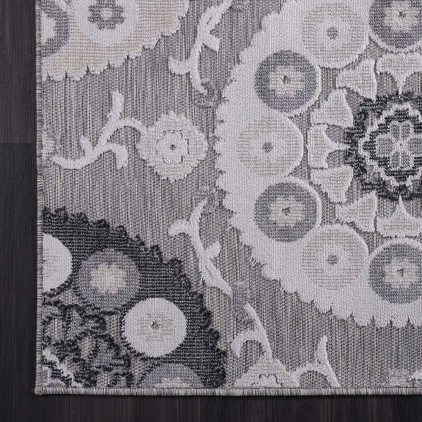 Spring Gray Bohemian Medallion Floral Non-Shedding Indoor/Outdoor Area Rugs - Ornate Home