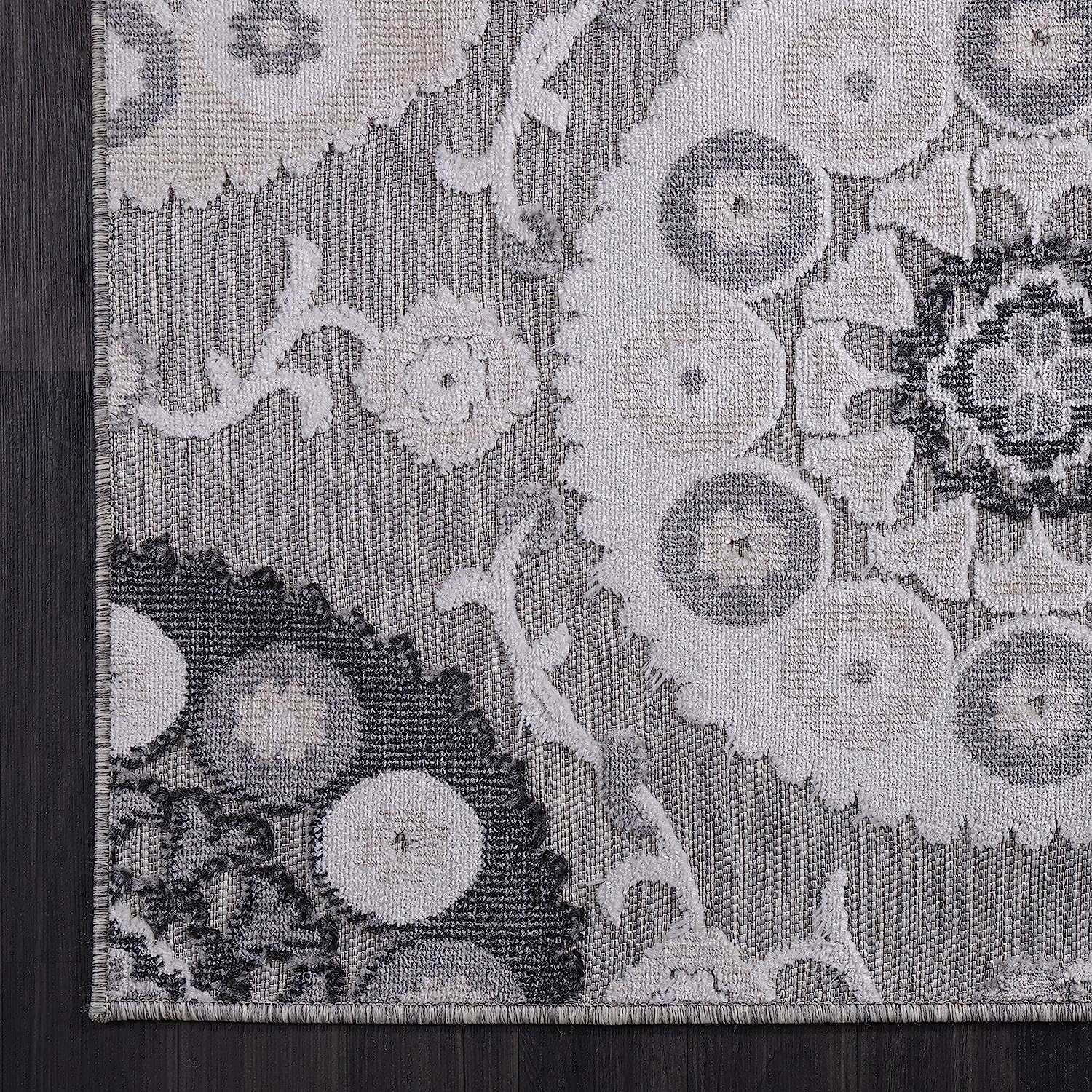 Spring Gray Bohemian Medallion Floral Non-Shedding Indoor/Outdoor Area Rugs - Ornate Home