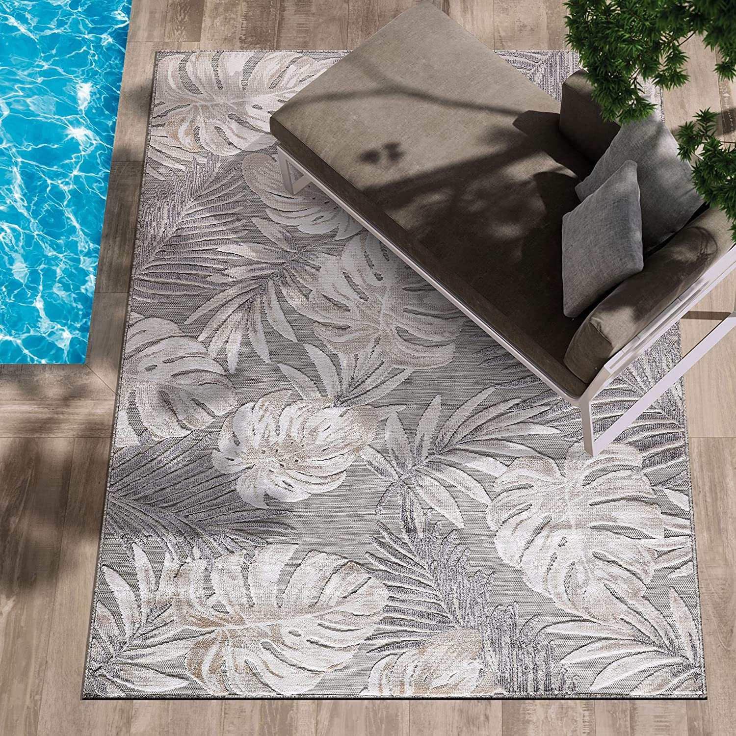 Spring Beige Leaf Tropical Botanical Non-Shedding Indoor/Outdoor Area Rugs - Ornate Home