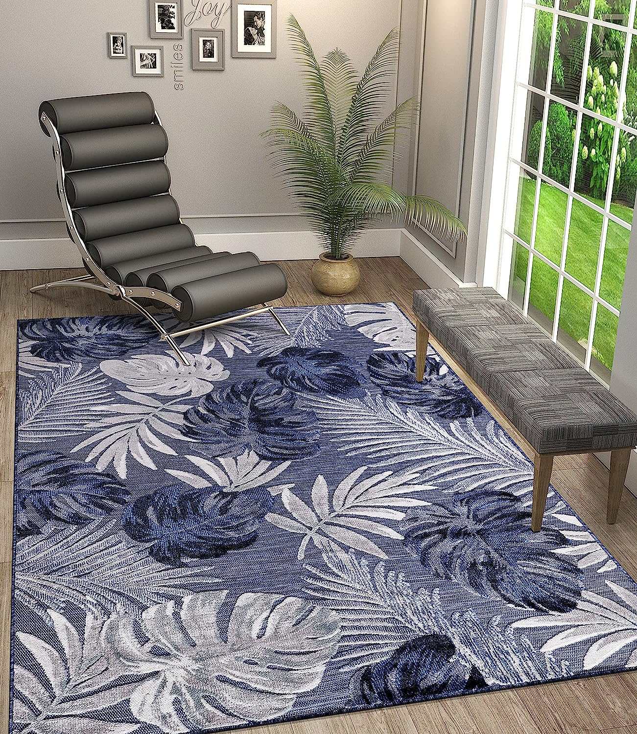 Spring Navy Leaf Tropical Botanical Non-Shedding Indoor/Outdoor Area Rugs - Ornate Home