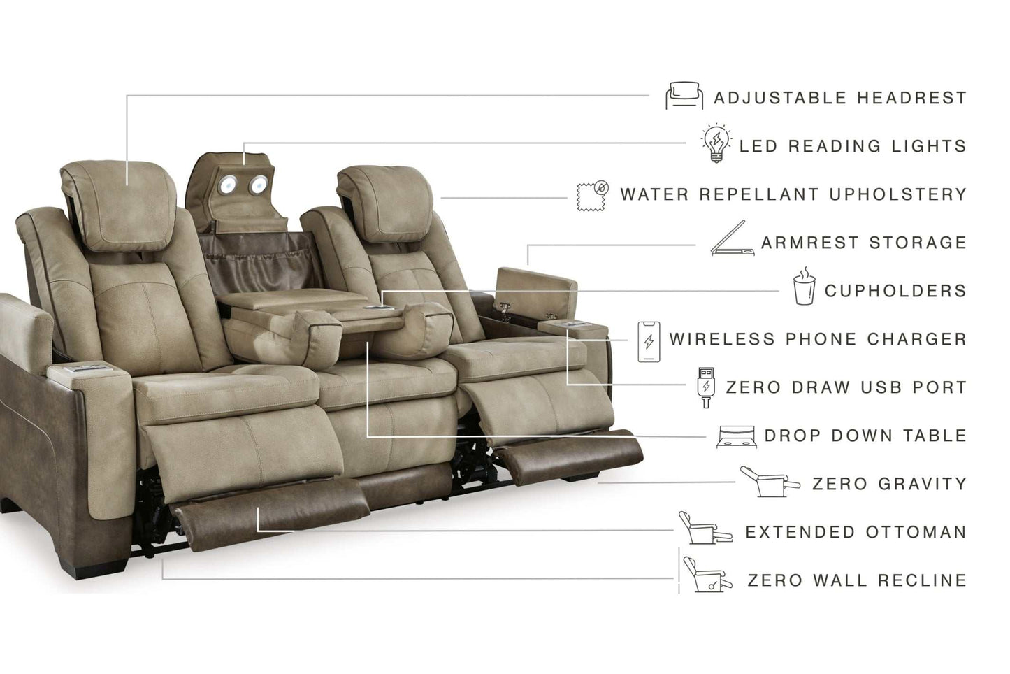 Next-Gen DuraPella Sand Power Reclining Sofa w/ Drop-Down Table