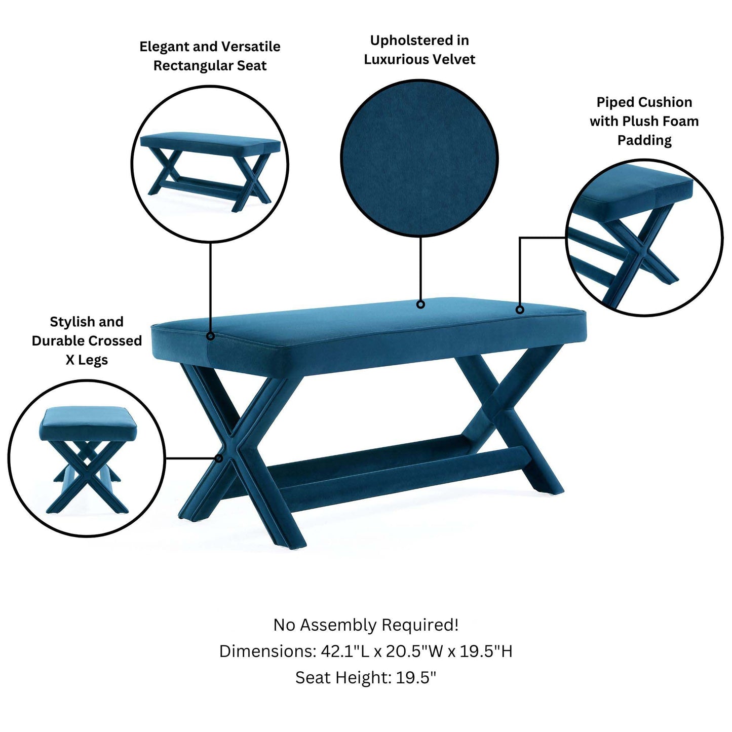 Abigail Double Ottoman Bench in Blue - Ornate Home