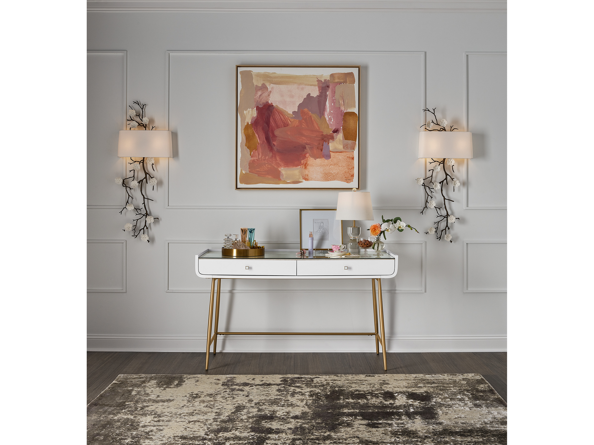 Allure White Lacquer/Soft Gold Vanity Desk - Ornate Home