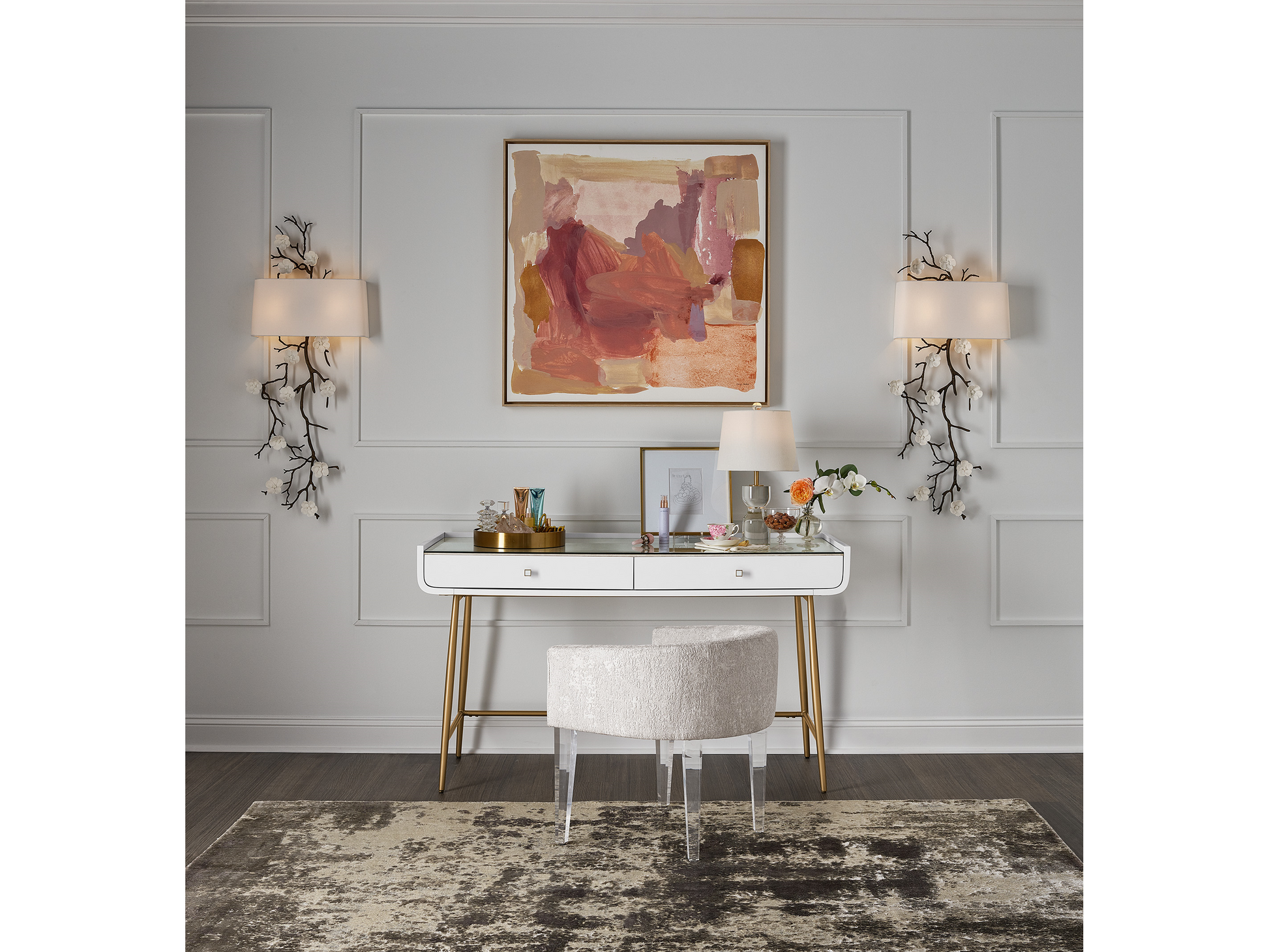 Allure White Lacquer/Soft Gold Vanity Desk - Ornate Home