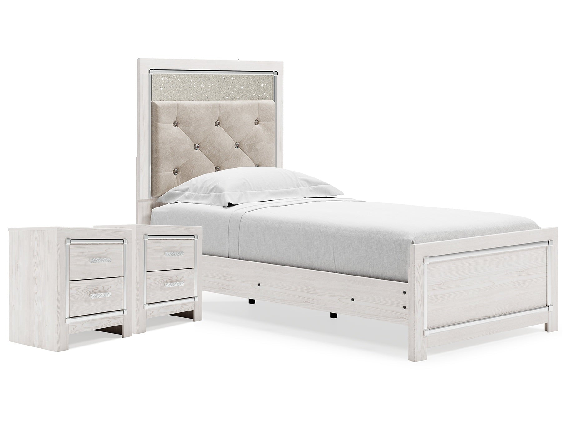 Altyra White Twin Upholstered Panel Bed and 2 Nightstands- Viva Furn