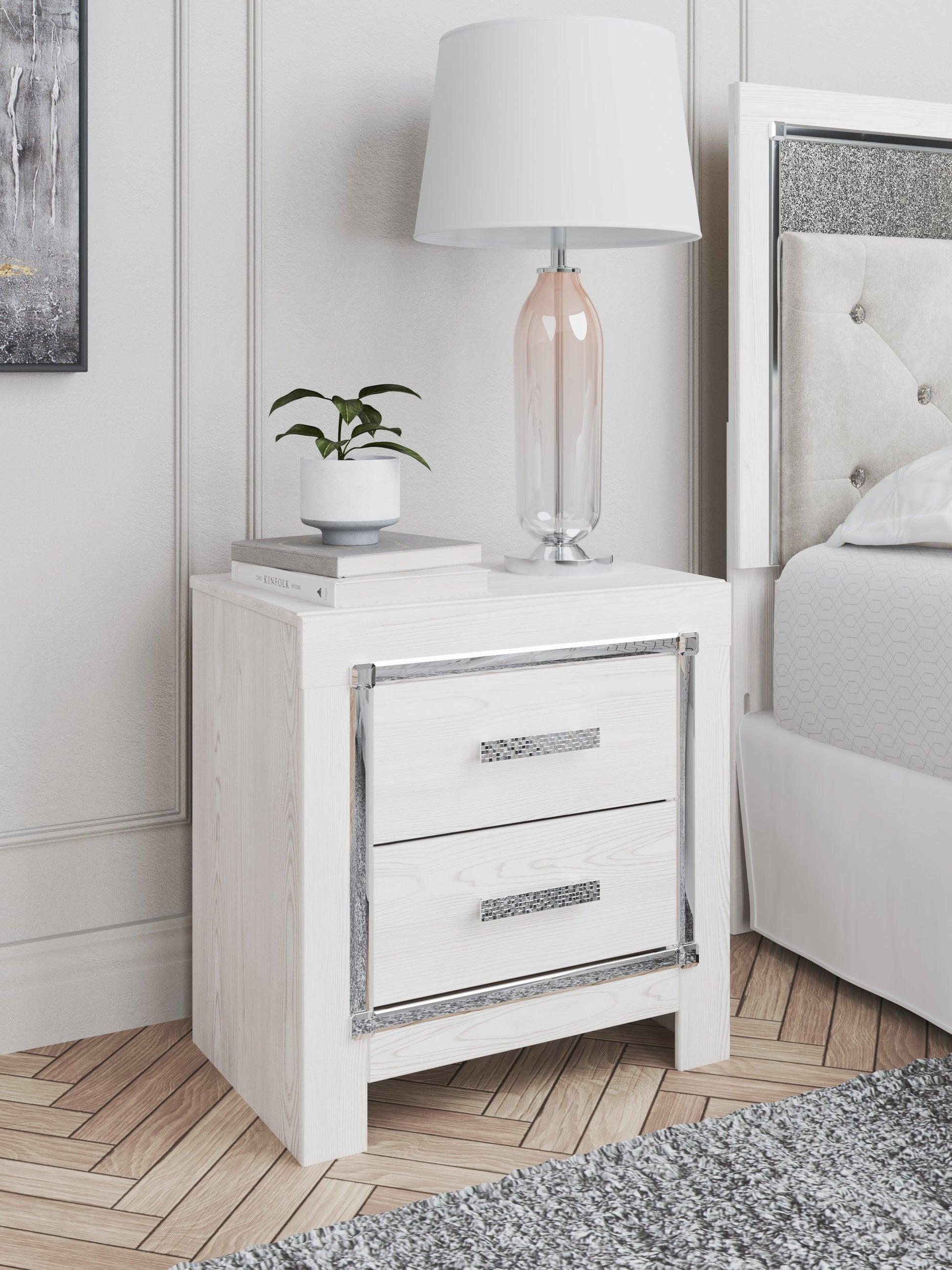 Altyra White Twin Upholstered Panel Bed and 2 Nightstands- Viva Furn