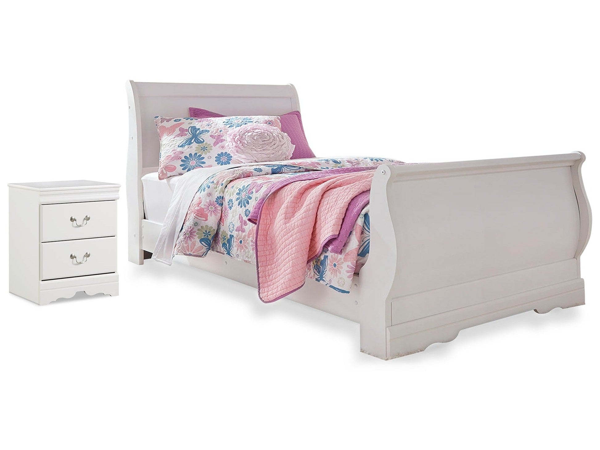 Anarasia White Twin Sleigh Bed w/Nightstand- Viva Furn