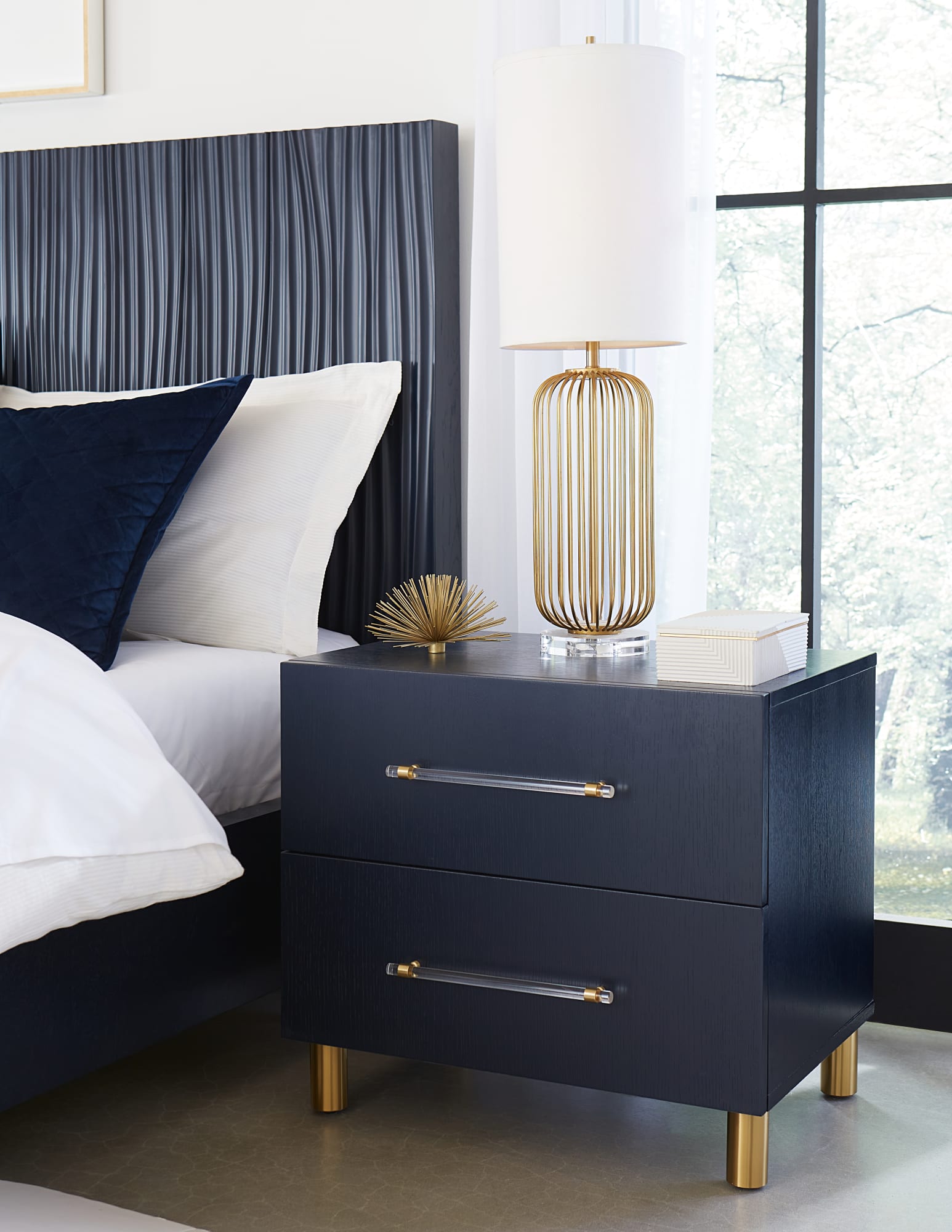 Argento Navy Blue/Burnished Brass Two Drawer USB Charging Nightstand - Ornate Home