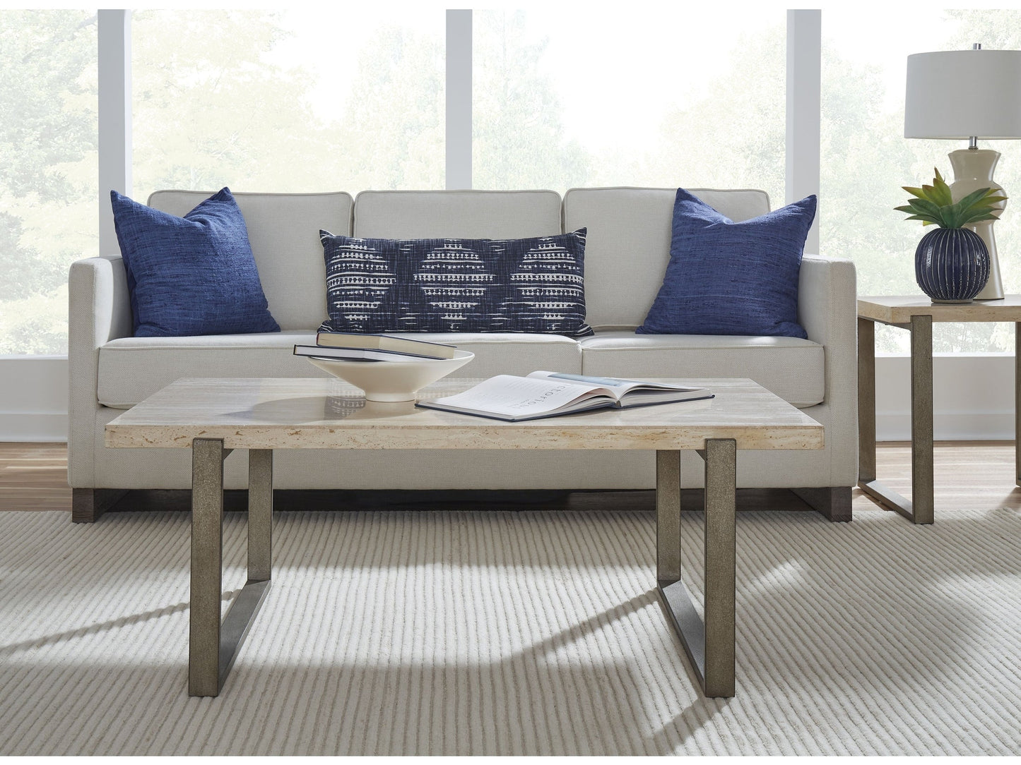 Ariela Natural Travertine Coffee Table with Bronze Metal Base - Ornate Home