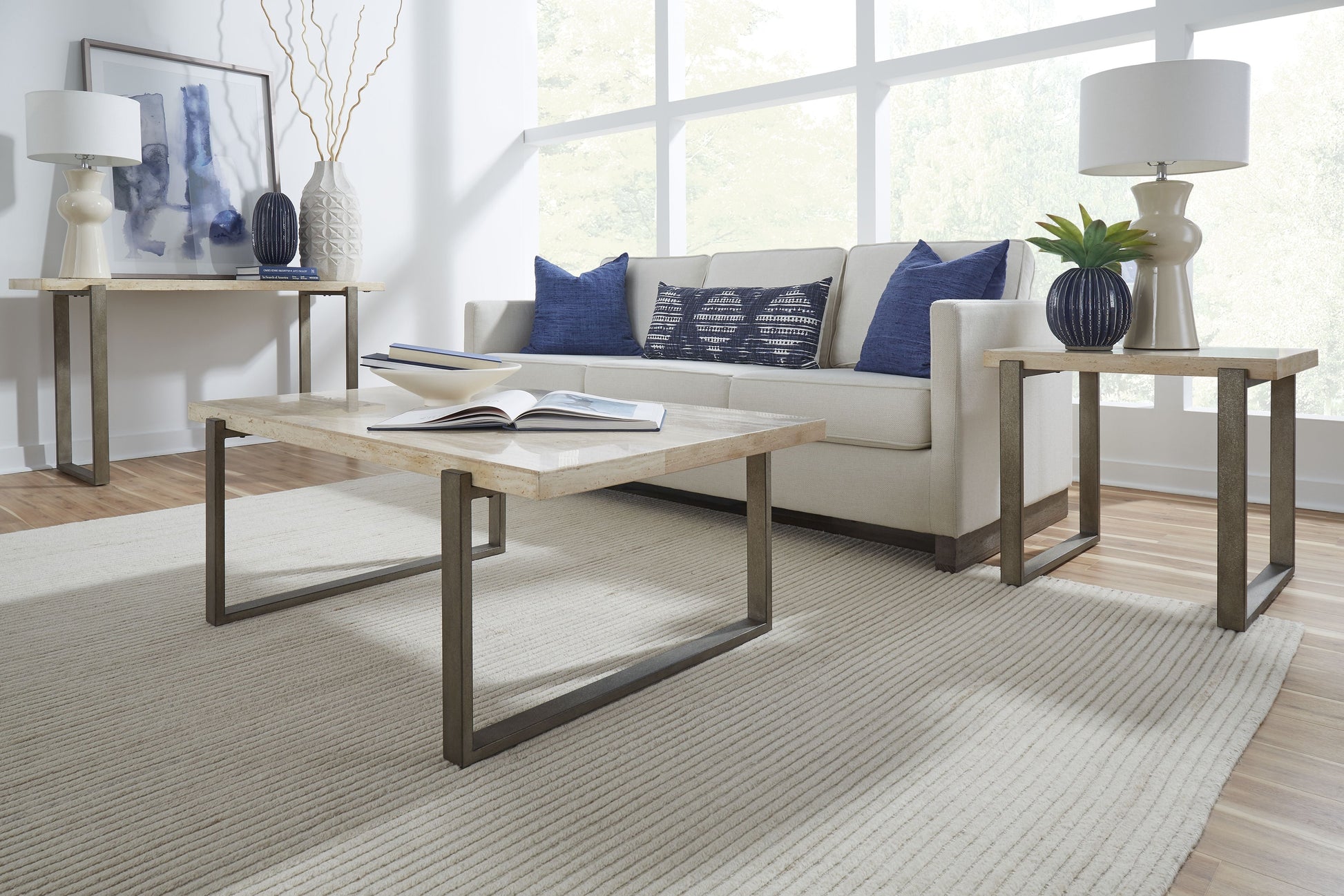 Ariela Natural Travertine Coffee Table with Bronze Metal Base - Ornate Home