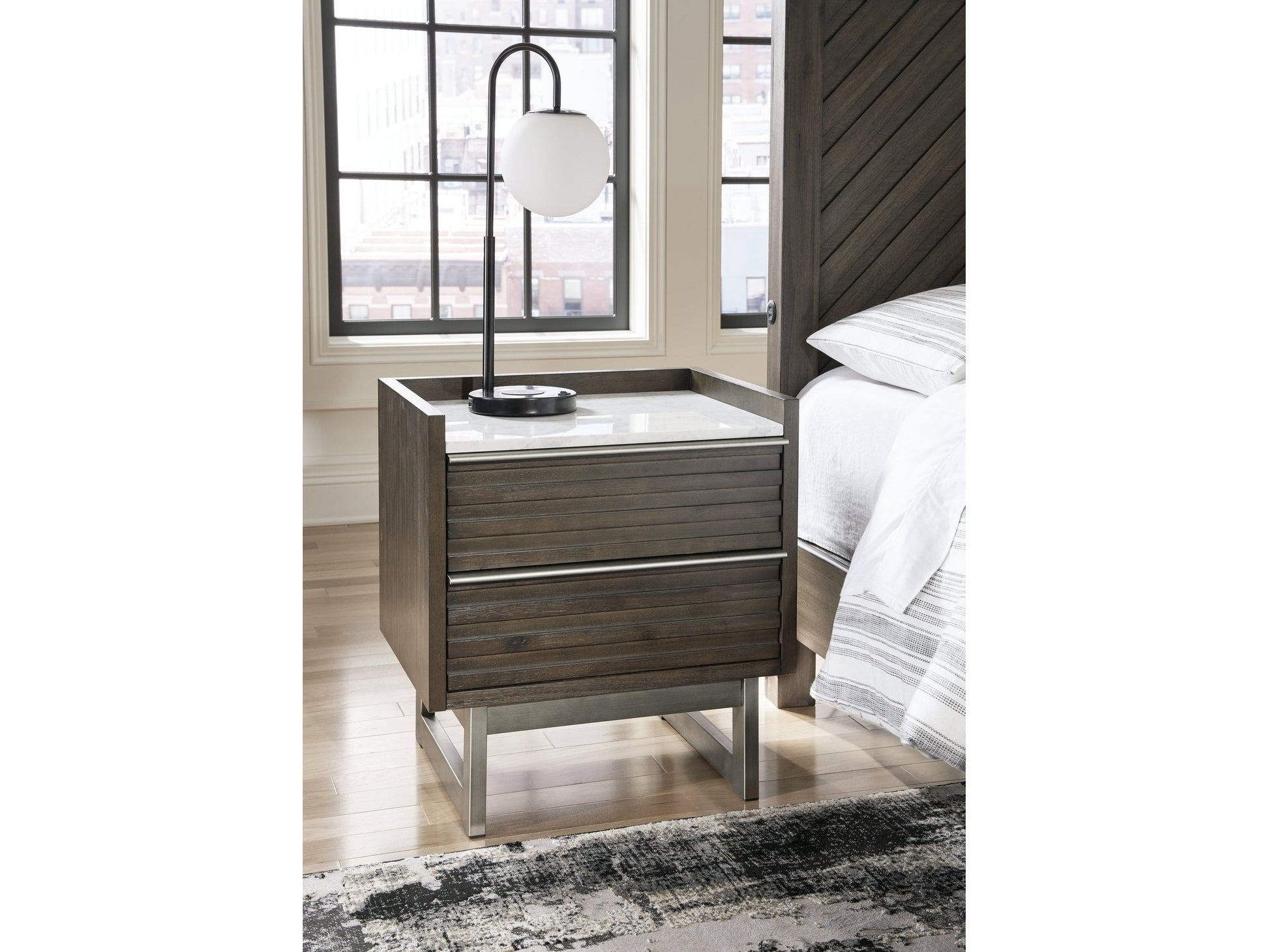 Arkenton Grayish Brown/White Two Drawer Nightstand- Viva Furn