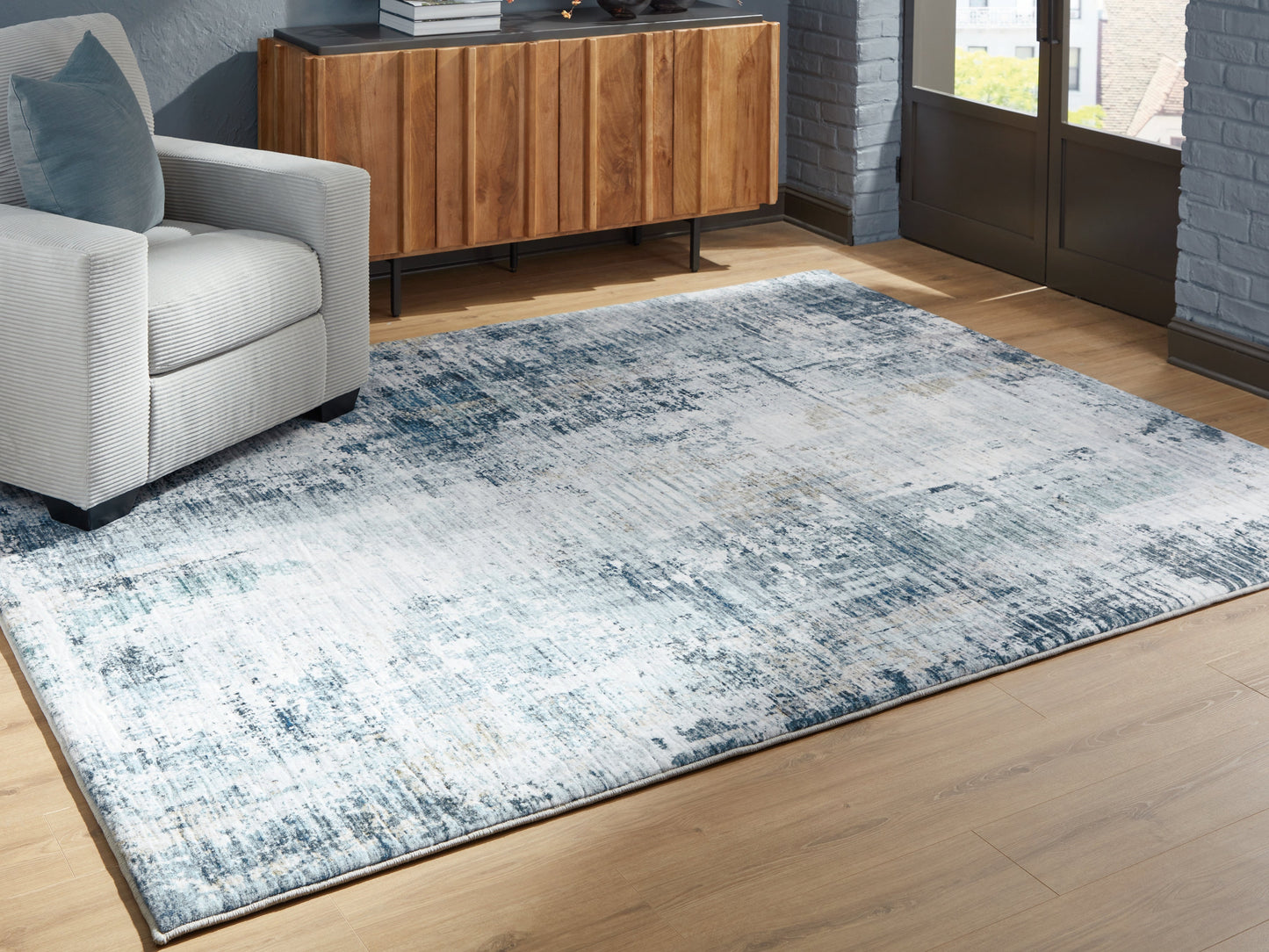 Arlenmont Blue/White/Brown Memory Foam Large Rug- Viva Furn
