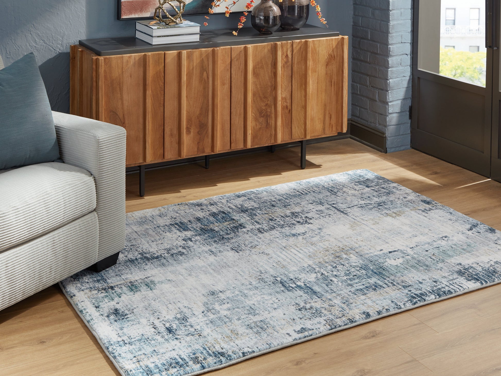 Arlenmont Blue/White/Brown Memory Foam Medium Rug- Viva Furn