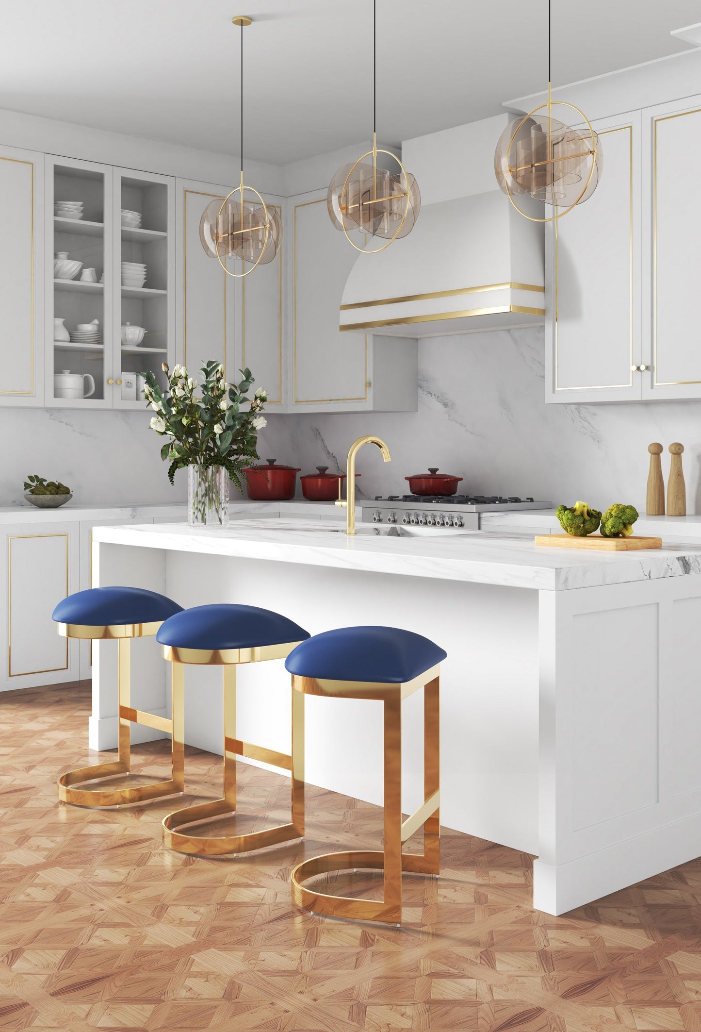 Aura Bar Stool in Blue and Polished Brass (set of 2) - Ornate Home