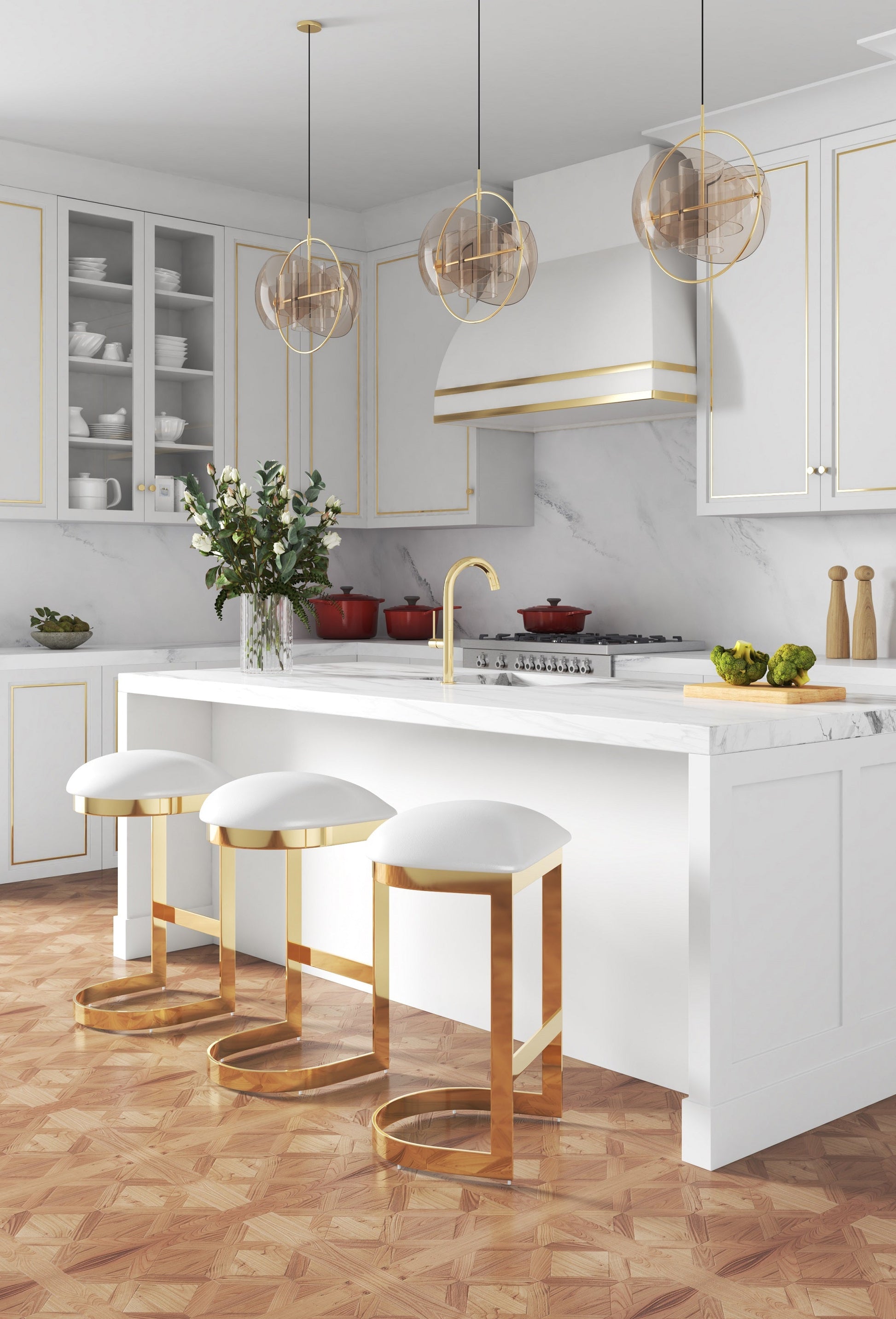 Aura Bar Stool in White and Polished Brass (set of 2) - Ornate Home