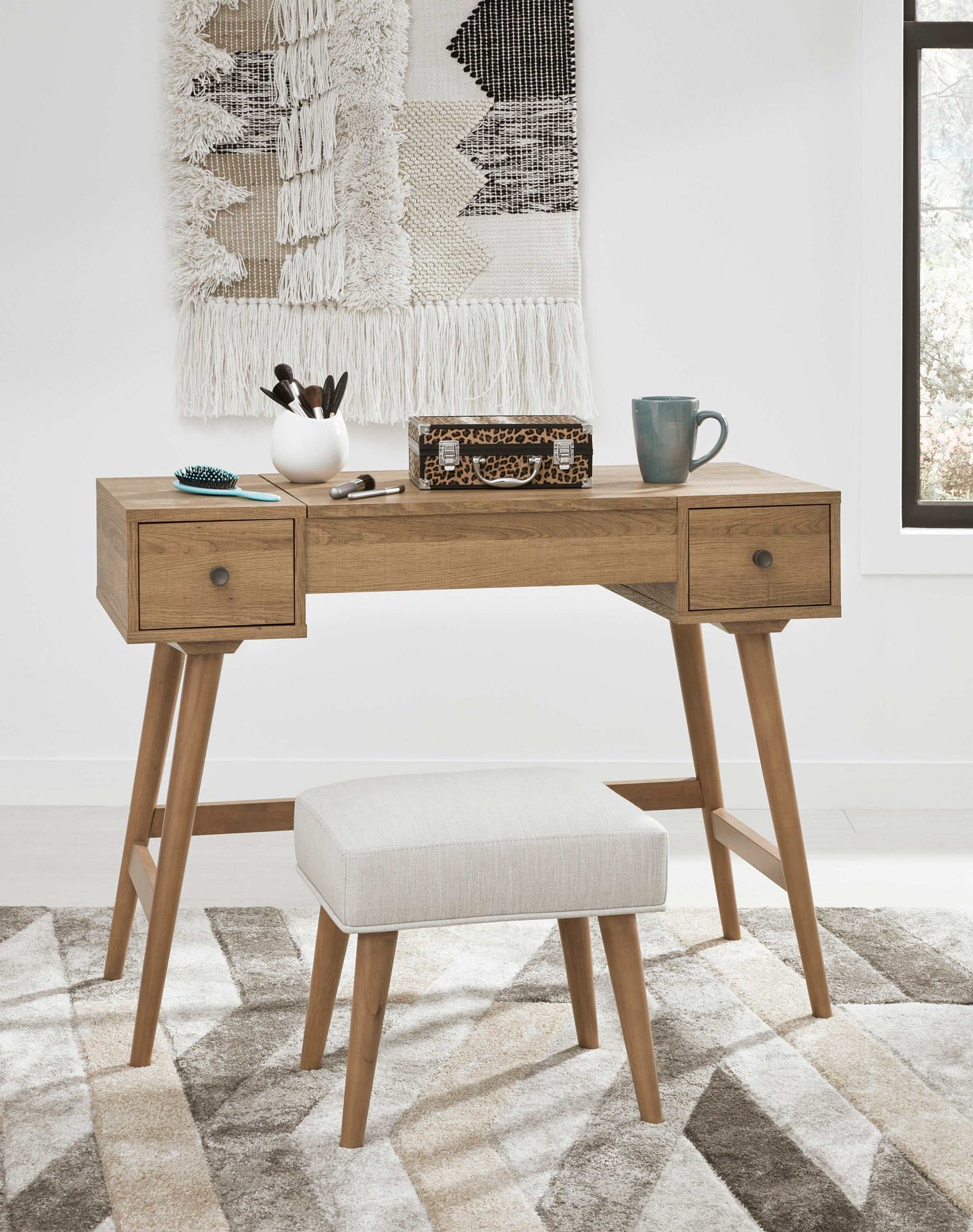 Thadamere Light Brown Vanity Desk w/ Stool