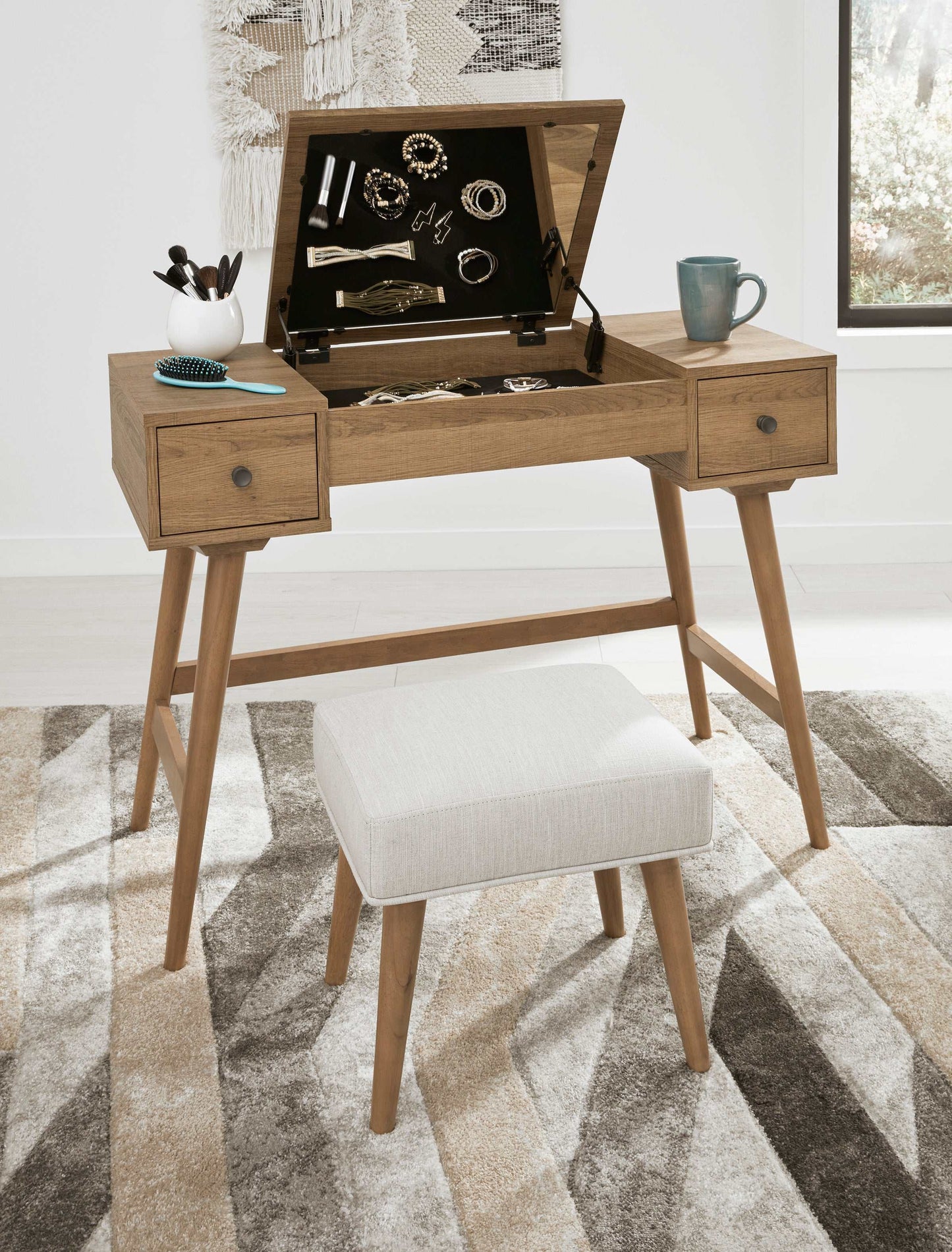 Thadamere Light Brown Vanity Desk w/ Stool