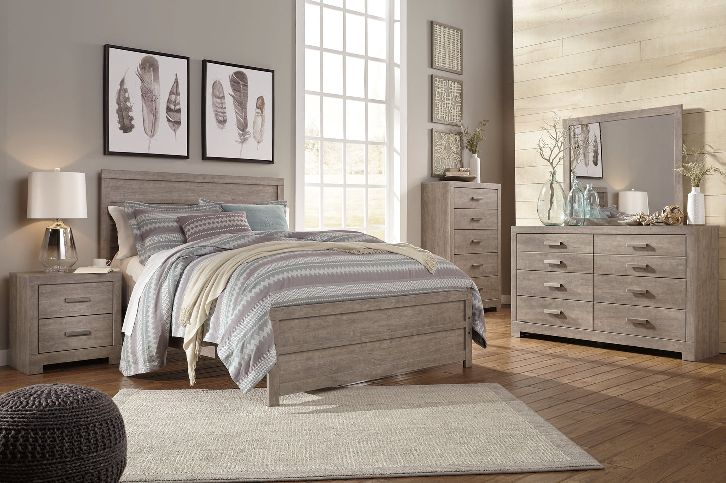 Culverbach Gray Queen Panel Bedroom Set with Dresser, Mirror, Chest and 2 Nightstands