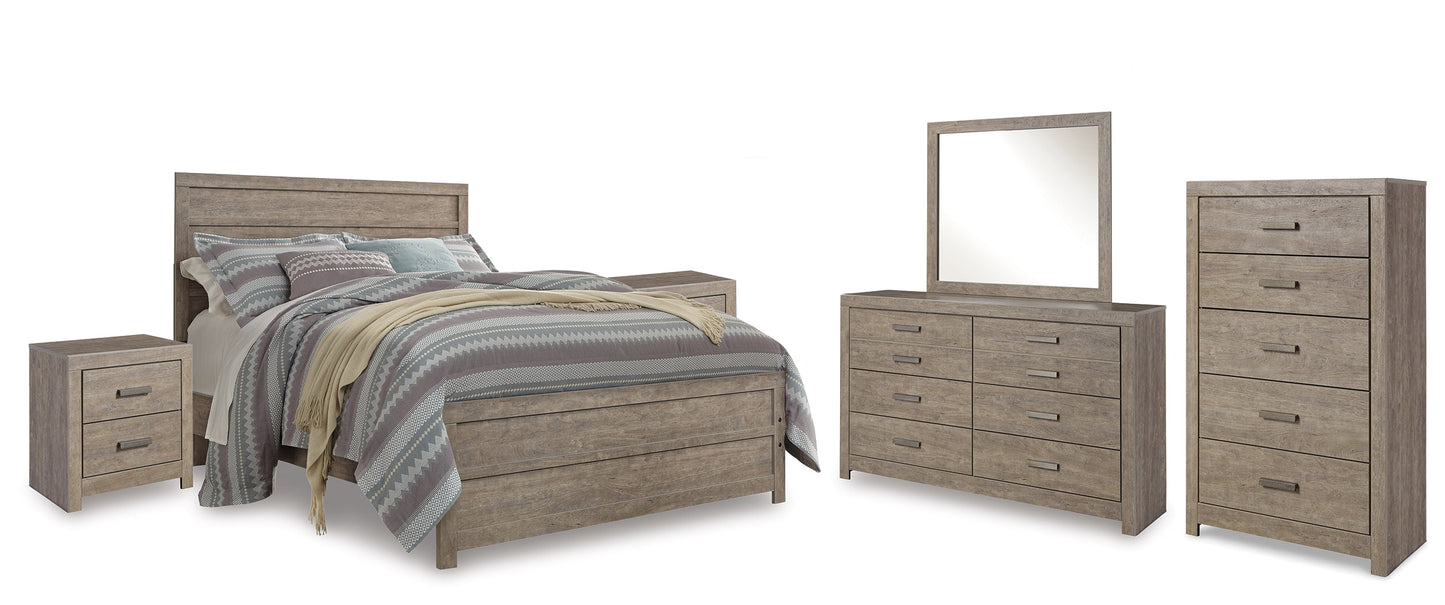 Culverbach Gray Queen Panel Bedroom Set with Dresser and Mirror, Chest and 2 Nightstands