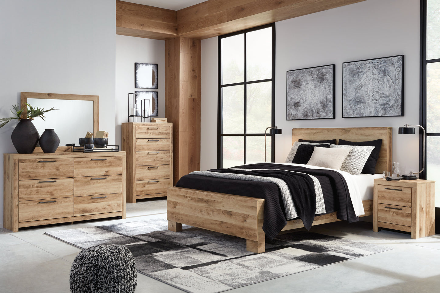 Hyanna Tan Brown King Panel Bedroom Set with Dresser and Mirror