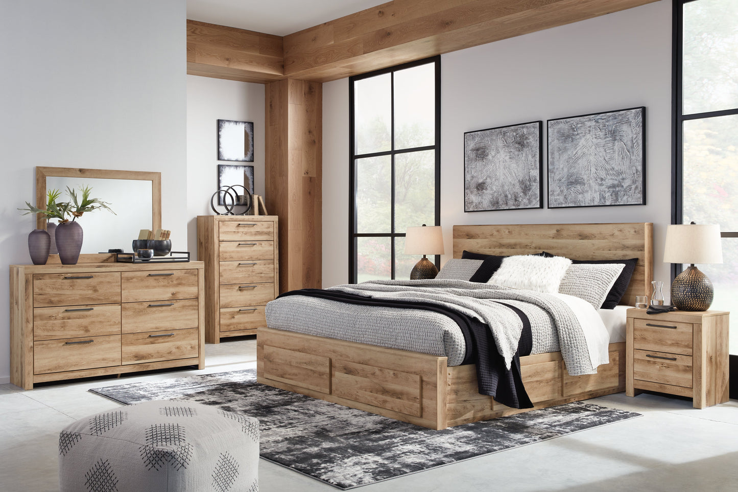 Hyanna Tan Brown King Panel Storage Bedroom Set with 1 Side Storage, Dresser and Mirror