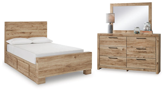 Hyanna Tan Brown Full Panel Bedroom Set with 1 Side Storage, Dresser and Mirror