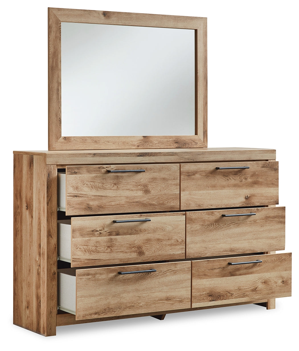 Hyanna Tan Brown Queen Panel Bedroom Set with 2 Side Storage, Dresser and Mirror