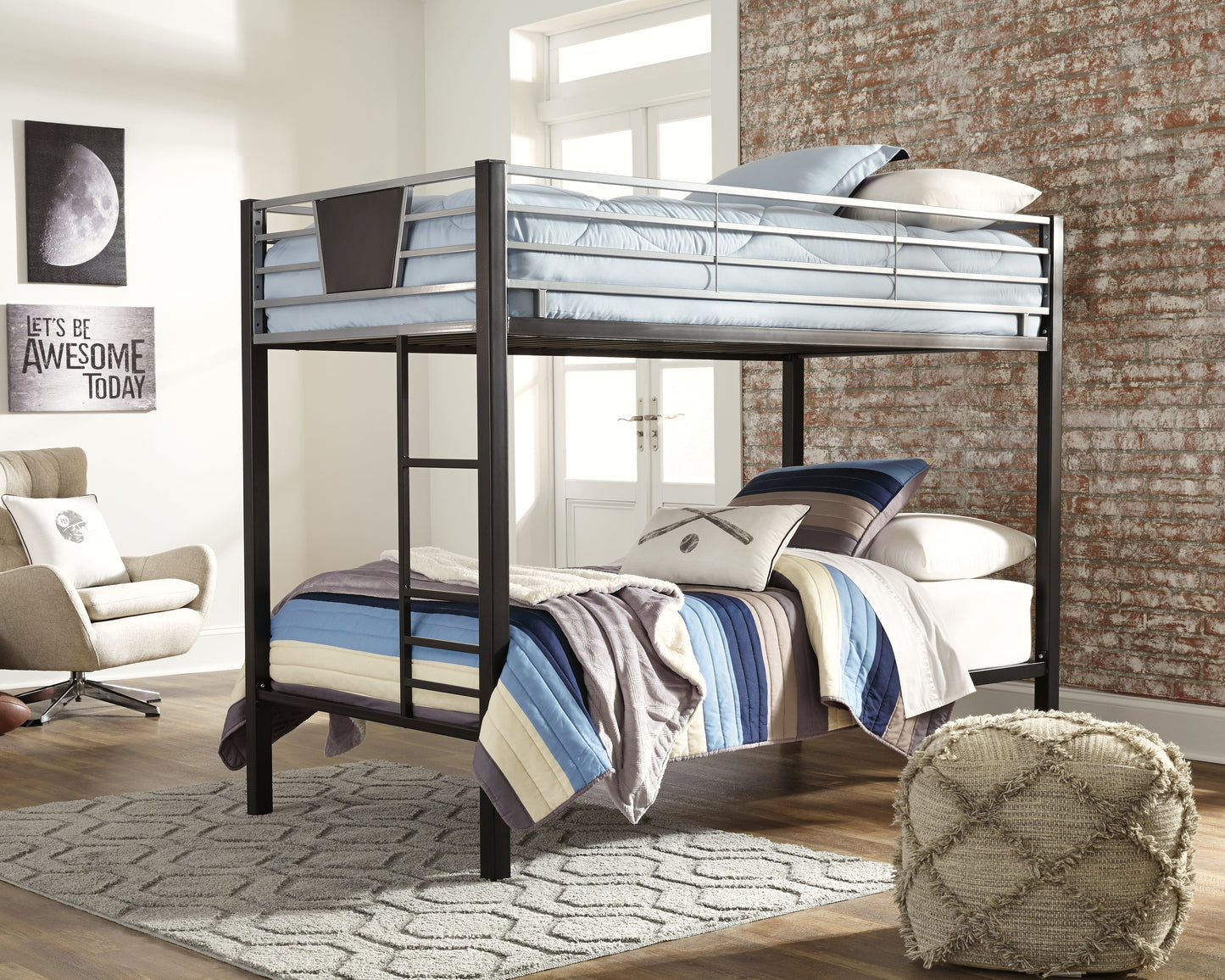 Dinsmore Black/Gray Twin over Twin Bunk Bedroom Set with 2 Mattresses