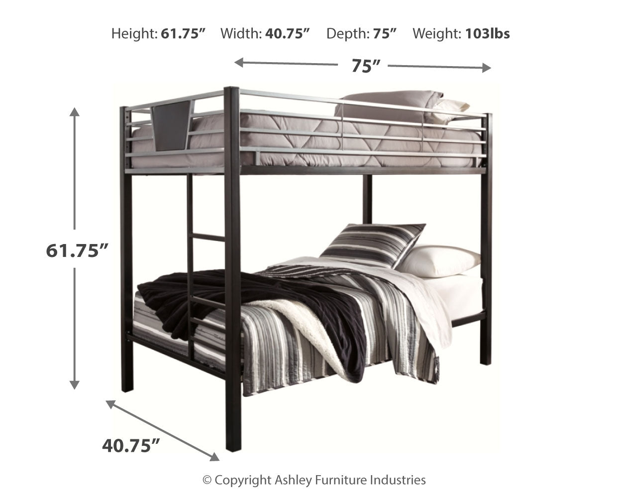 Dinsmore Black/Gray Twin over Twin Bunk Bedroom Set with 2 Mattresses, and 2 Pillows