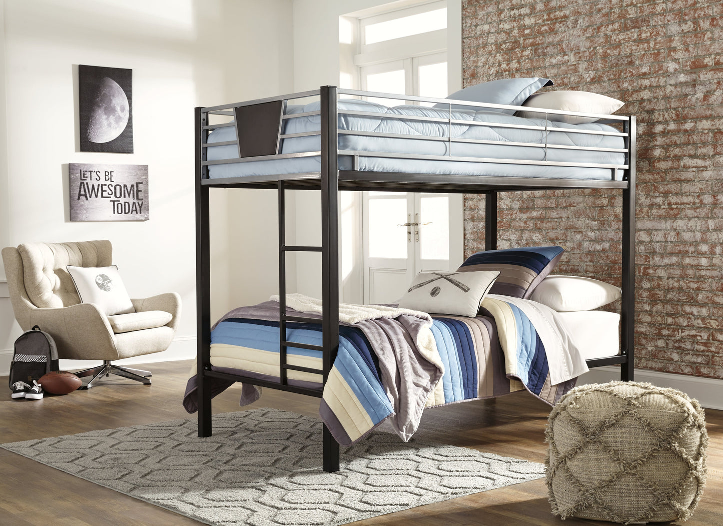 Dinsmore Black/Gray Twin over Twin Bunk Bedroom Set with 2 Mattresses