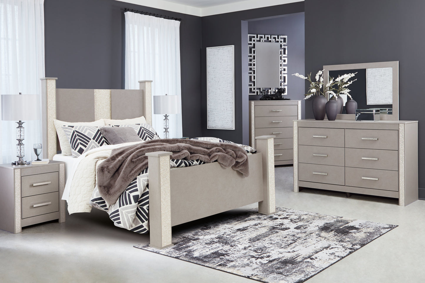 Surancha Gray Queen Poster Bedroom Set with Dresser, Mirror and Nightstand