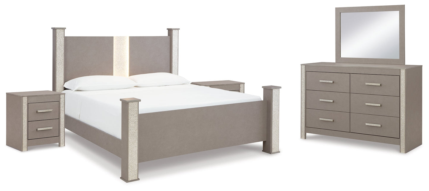 Surancha Gray Queen Poster Bedroom Set with Dresser, Mirror and 2 Nightstands