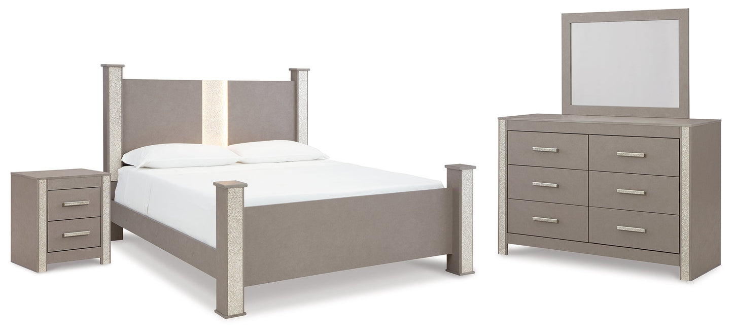 Surancha Gray King Poster Bedroom Set with Dresser, Mirror and Nightstand