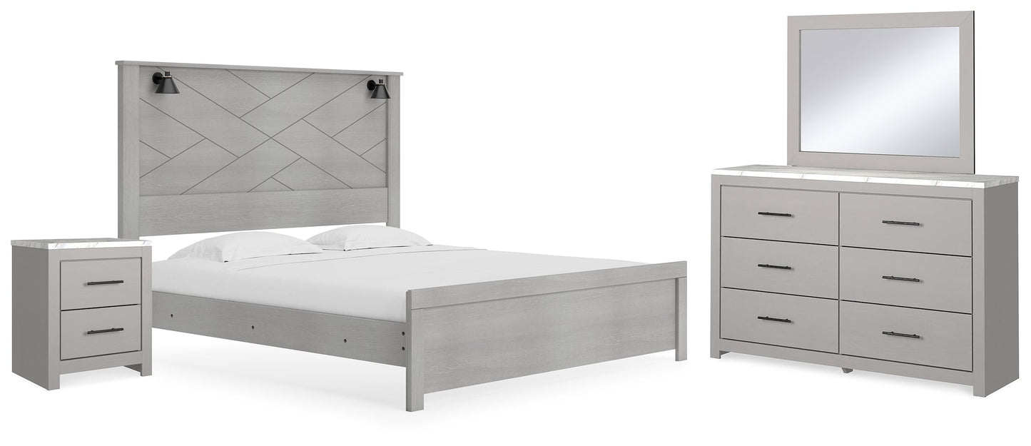 Cottonburg Light Gray/White King Panel Bedroom Set with Dresser, Mirror, and Nightstand