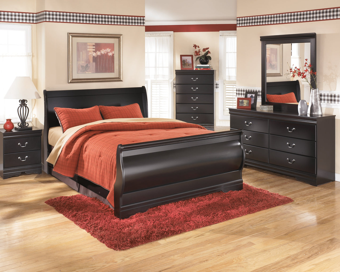 Huey Vineyard Black Queen Sleigh Bedroom Set with Dresser, Mirror, Chest and Nightstand