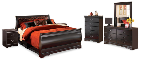 Huey Vineyard Black Queen Sleigh Bedroom Set with Dresser, Mirror, Chest, and 2 Nightstands