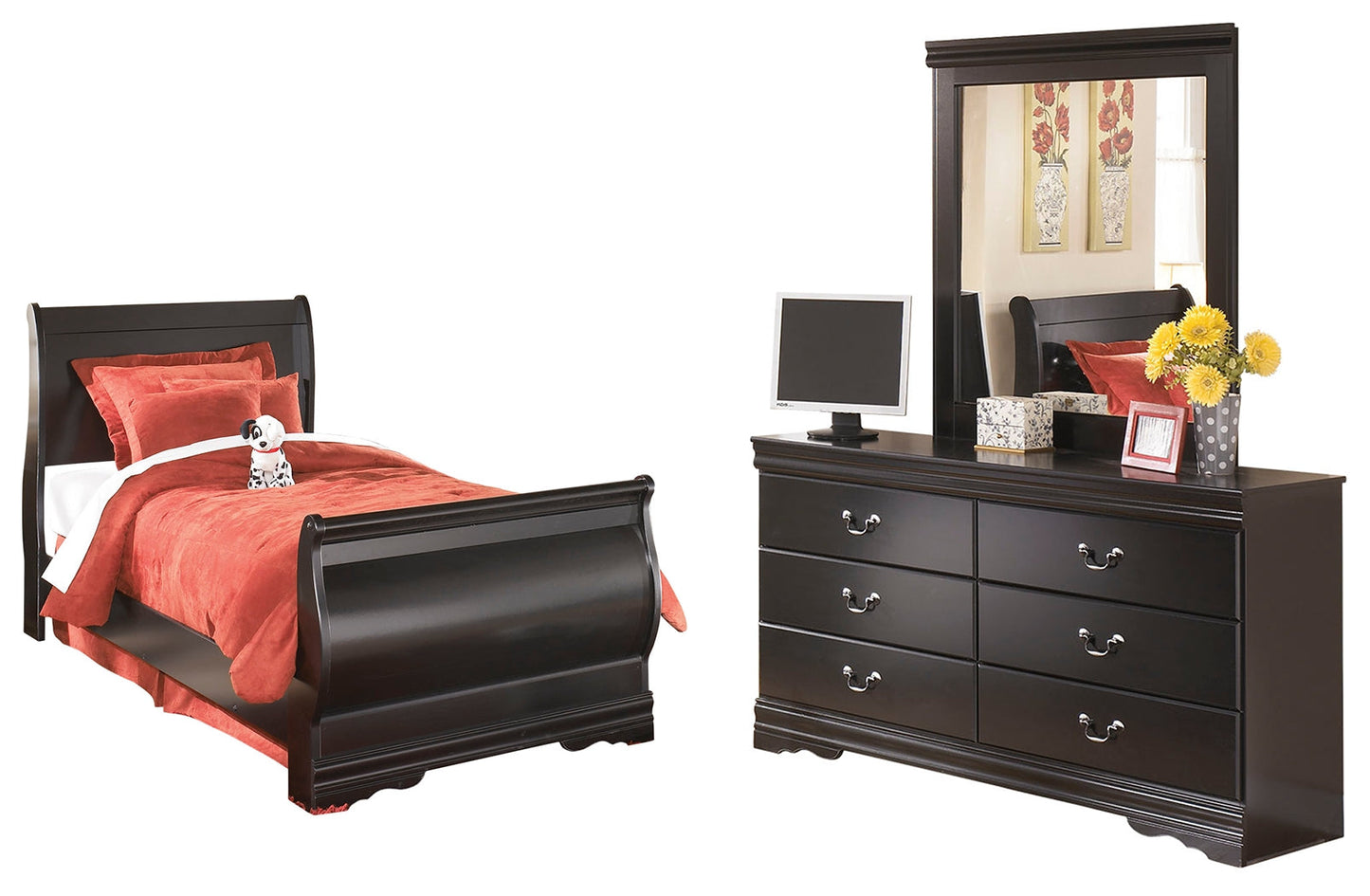 Huey Vineyard Black Twin Sleigh Bedroom Set with Dresser and Mirror