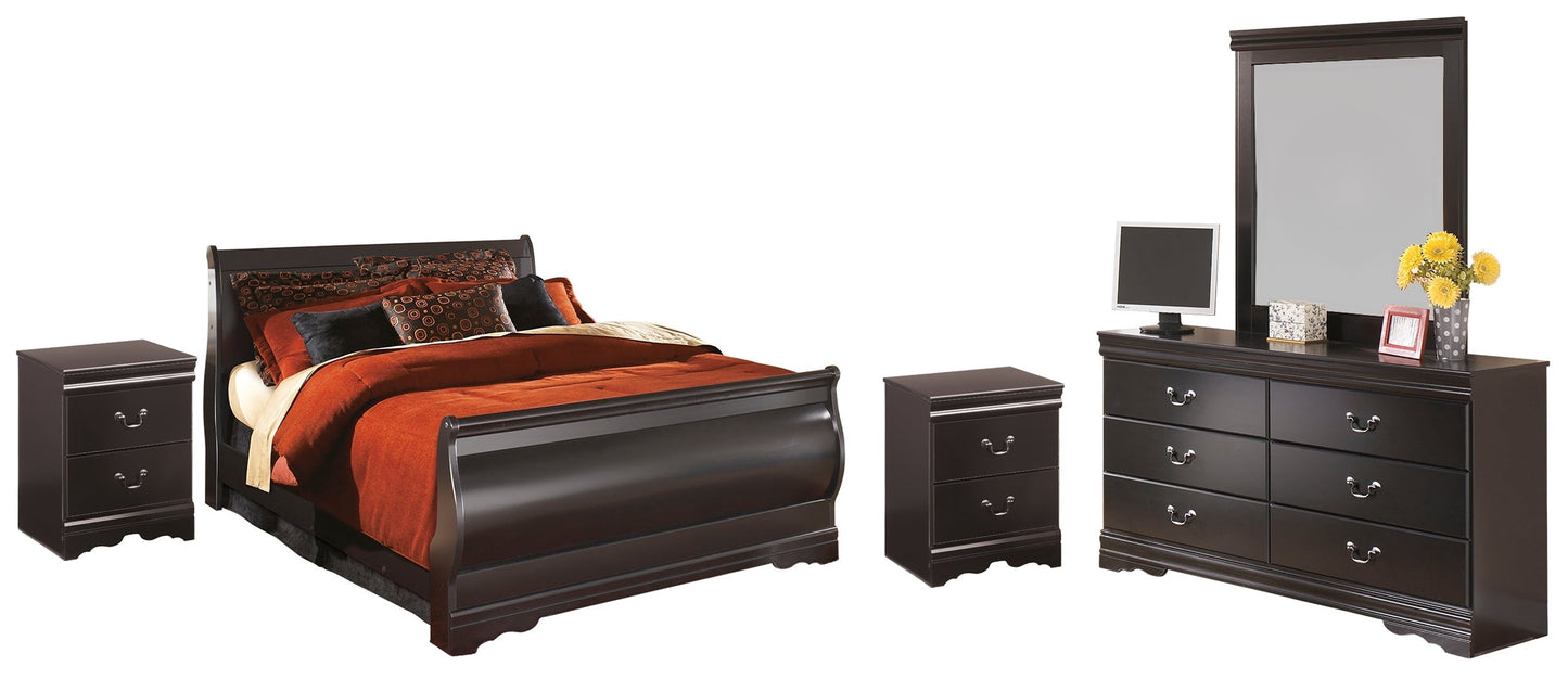 Huey Vineyard Black Full Sleigh Bedroom Set with Mirrored Dresser and 2 Nightstands