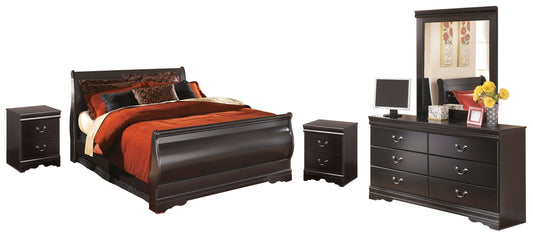 Huey Vineyard Black Queen Sleigh Bedroom Set with Mirrored Dresser and 2 Nightstands