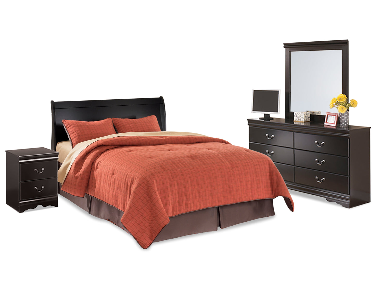 Huey Vineyard Black Queen Sleigh Headboard, Dresser, Mirror and Nightstand