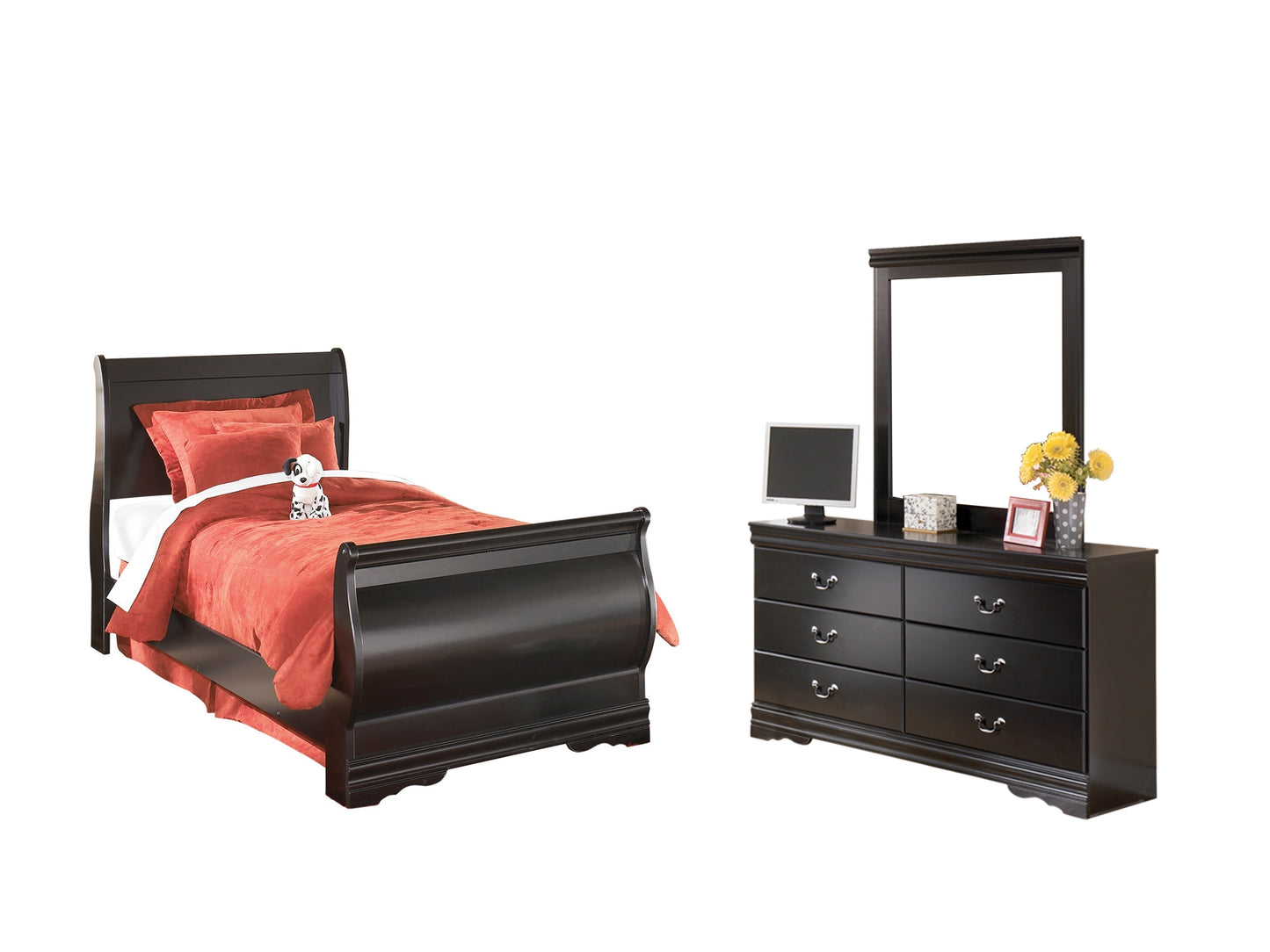 Huey Vineyard Black Twin Sleigh Bedroom Set with Mirroed Dresser and Nightstand