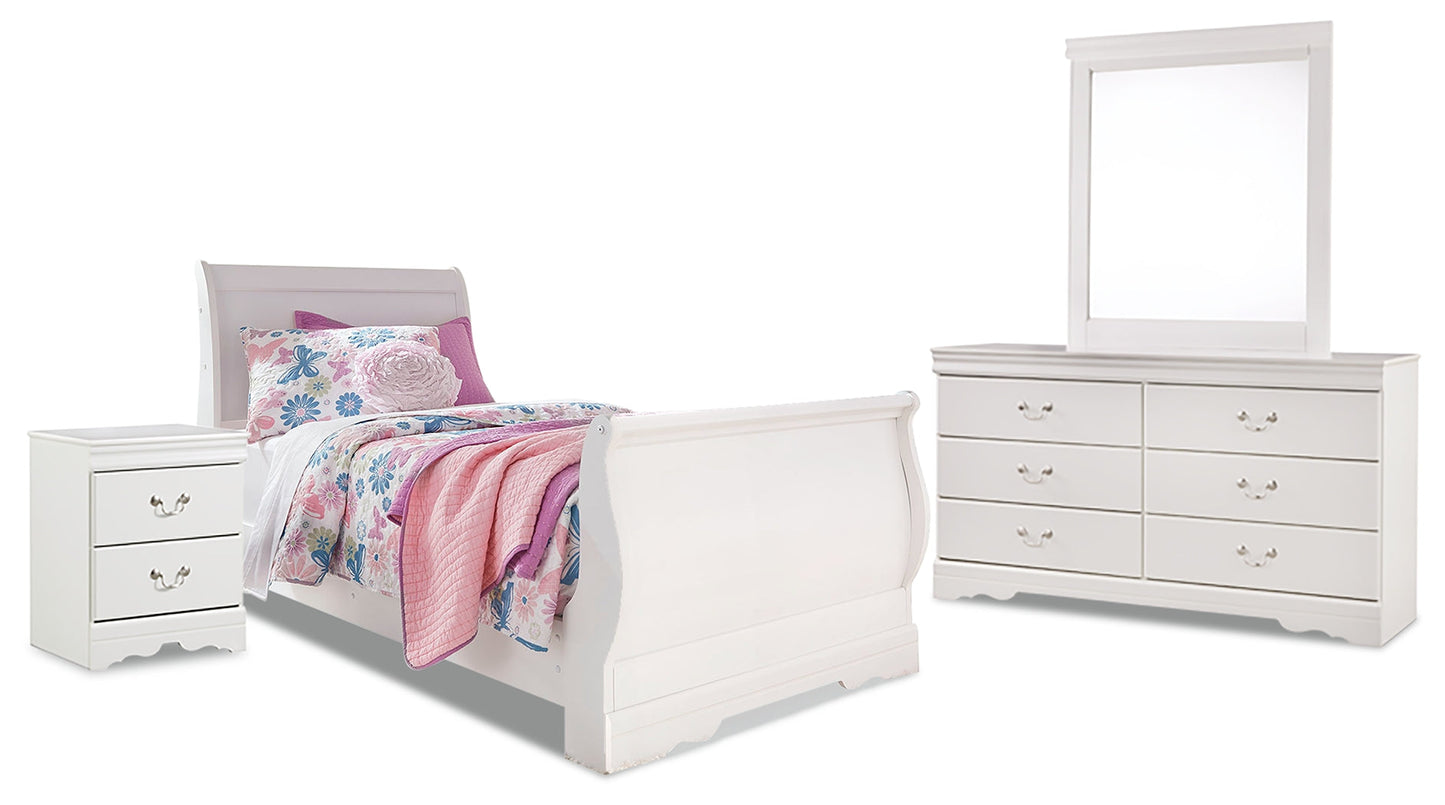 Anarasia White Twin Sleigh Bedroom Set with Dresser, Mirror and Nightstand