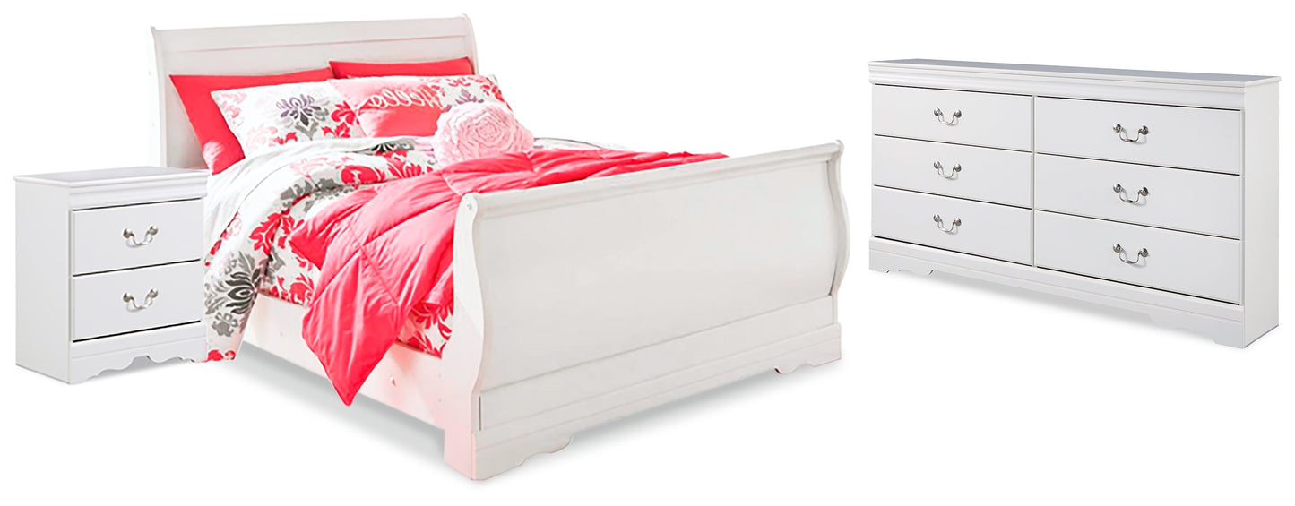 Anarasia White Full Sleigh Bedroom Set with Dresser and Nightstand