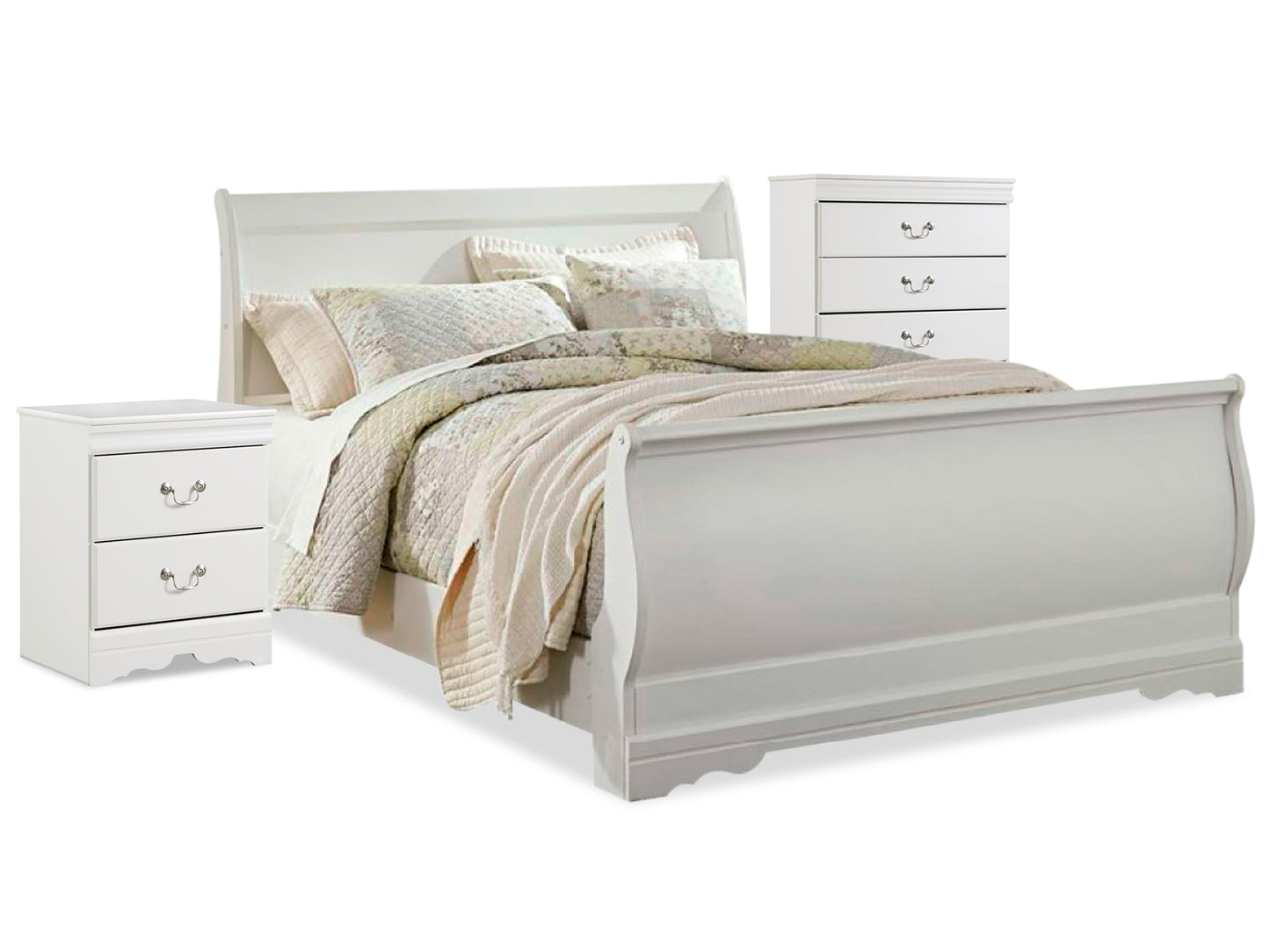 Anarasia White Queen Sleigh Bedroom Set with Chest of Drawers and Nightstand