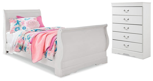 Anarasia White Twin Sleigh Bedroom Set with Chest