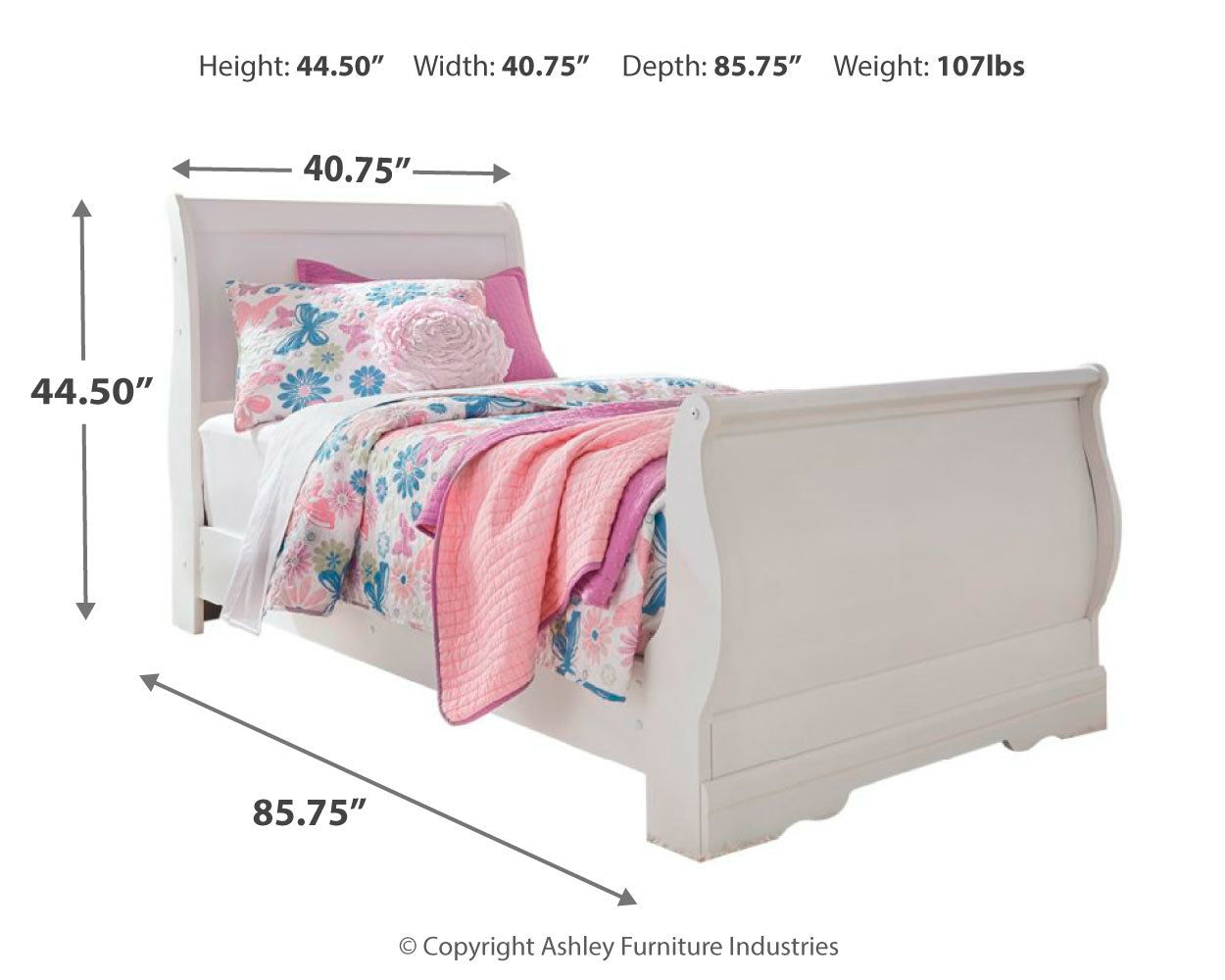 Anarasia White Twin Sleigh Bedroom Set with Dresser, Mirror and Nightstand