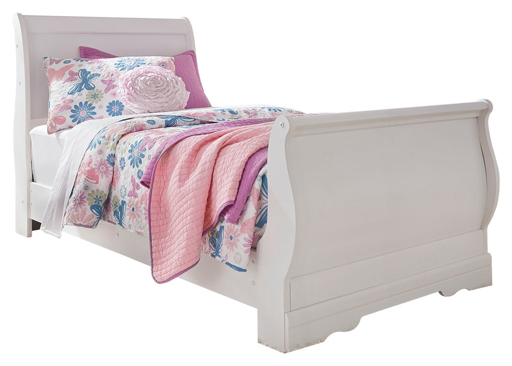 Anarasia White Twin Sleigh Bedroom Set with Dresser, Mirror and Nightstand